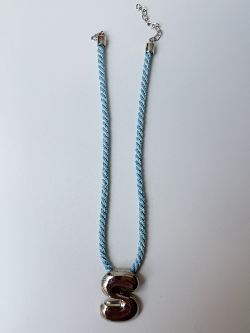 Alison Lou Cloud Letter Necklace on Sky Blue Cord, Letter “S”